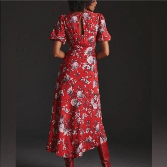 Anthropologie Maeve Red Floral Puff Sleeve Midi Dress - Picture 4 of 16